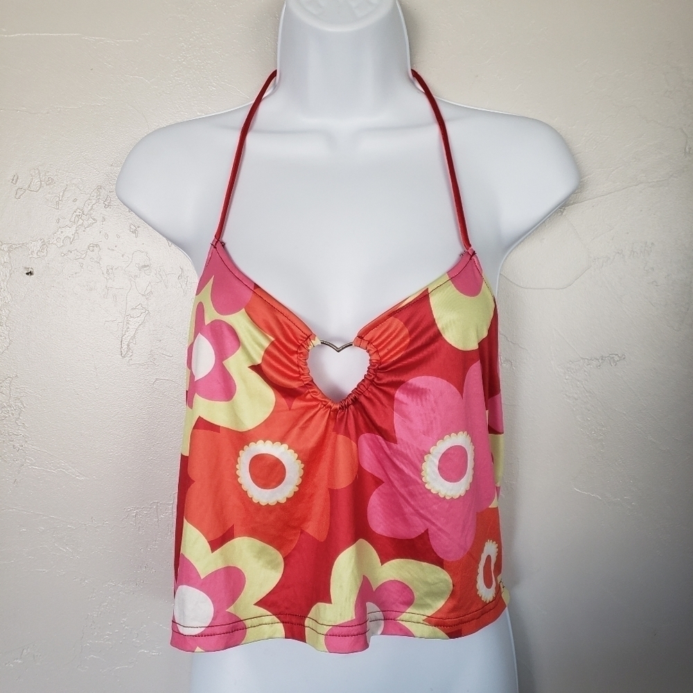 Shein Curve Womens 2XL Retro Floral Halter Crop Top Orange Green Pink Notch Neck
